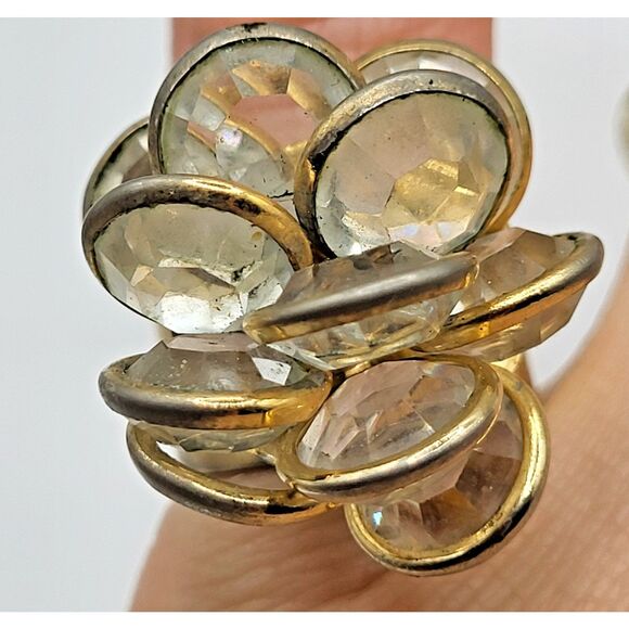 Estate Jewelry - Vintage 80s Crystal Bezel Set Gold Tone Dimensional Ring Size 6.5 Adjustable